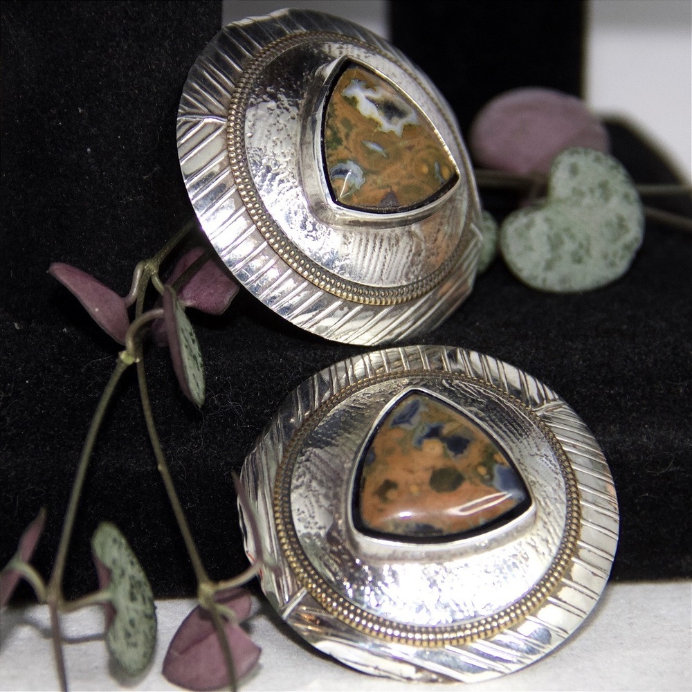 Native American Sterling Silver Jasper Stud Earrings Signed Stamped Statement